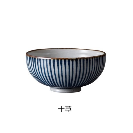日本【藍窯】萬古燒11.4cm染付飯碗【十草】【日本製】
