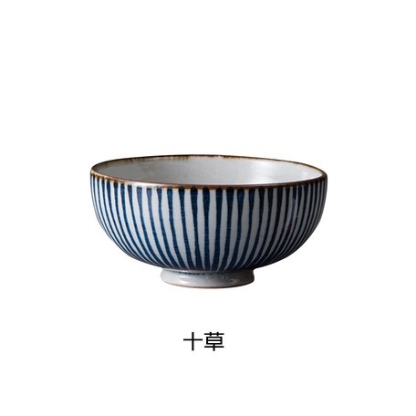 日本【藍窯】萬古燒10.9cm染付飯碗【十草】【日本製】
